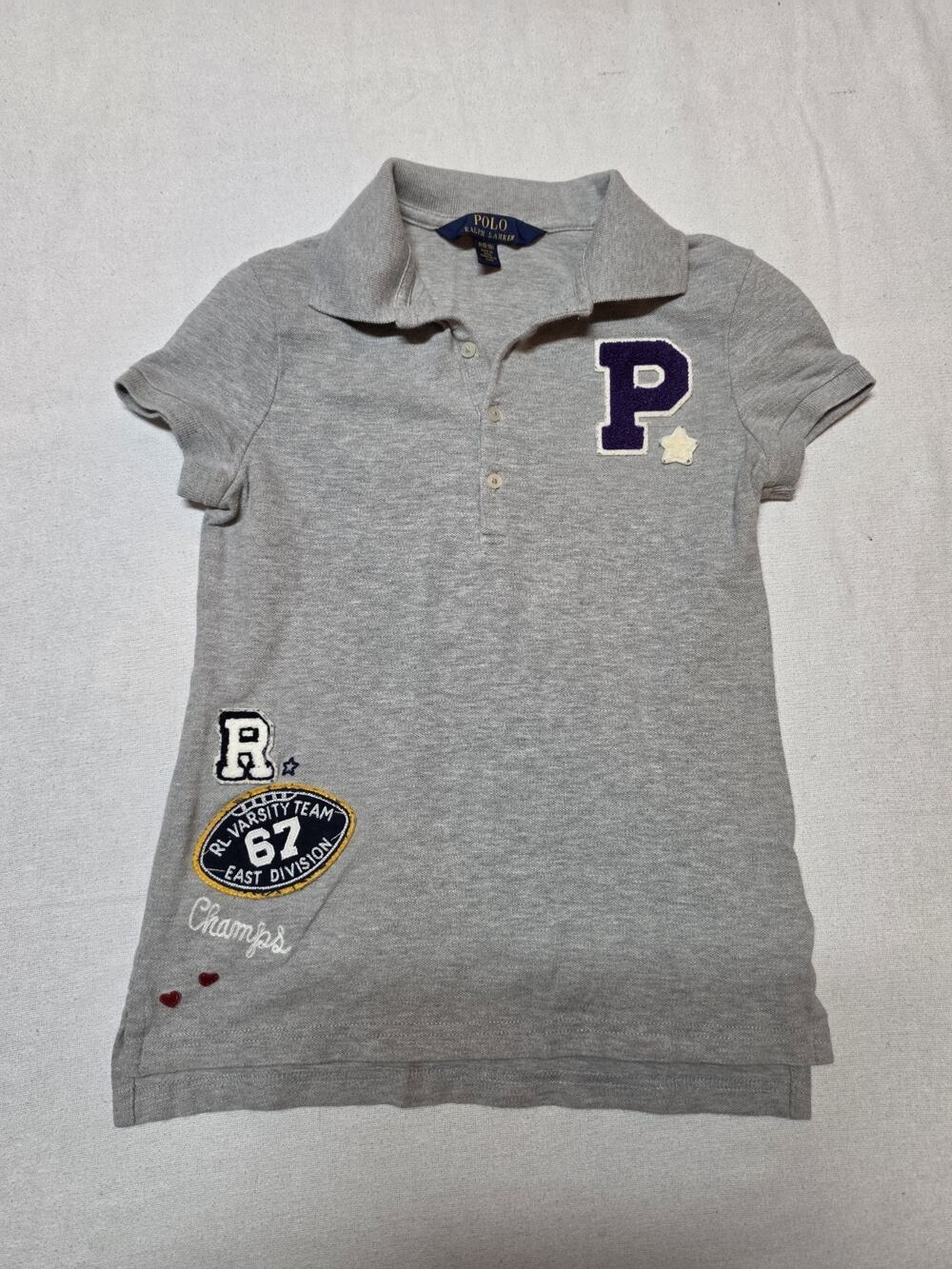 Polo Ralph Lauren Girls M 8-10 Gray Varsity Collegiate Patch Embroidered Polo...